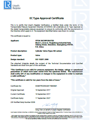 TPED - EC Type Approval (ND Series Cylinder Valves)